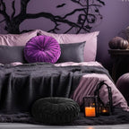 2 Pcs Round Throw Pillows 15 Inch Decorative Velvet Pleated Pumpkin Pillows Boho Floor Pillow with Center Button for Living Room Couch Chair Bed Sofa Home Decoration (Black and Purple)