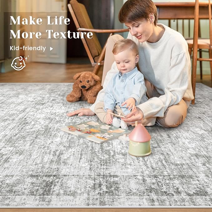 9x12 Area Rugs for Living Room: Washable Large Vintage Floral Rug Low Pile Non-Slip Boho Carpet for Bedroom Dining Home Office (Grey, 9'x12')