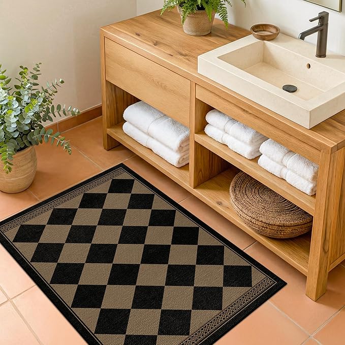Checkered Easy Jute 2x3 Kitchen Porch Entryway Rug, Farmhouse Non Slip Front Door Mat Indoor Outdoor Decor, Diamond Washable Small Outdoor Rug, Brown Black Stain Resistant Boho Carpet for Bathroom