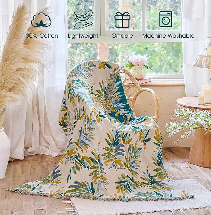Boho Throw Blanket - 100% Cotton Throw Blankets for Bed Couch, 60"x80" Soft Muslin Lightweight Spring Throw Blanket, Cozy Plant Printed Bohemain Bedding Decor Green Throw Quilt