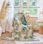 Boho Throw Blanket - 100% Cotton Throw Blankets for Bed Couch, 60"x80" Soft Muslin Lightweight Spring Throw Blanket, Cozy Plant Printed Bohemain Bedding Decor Green Throw Quilt