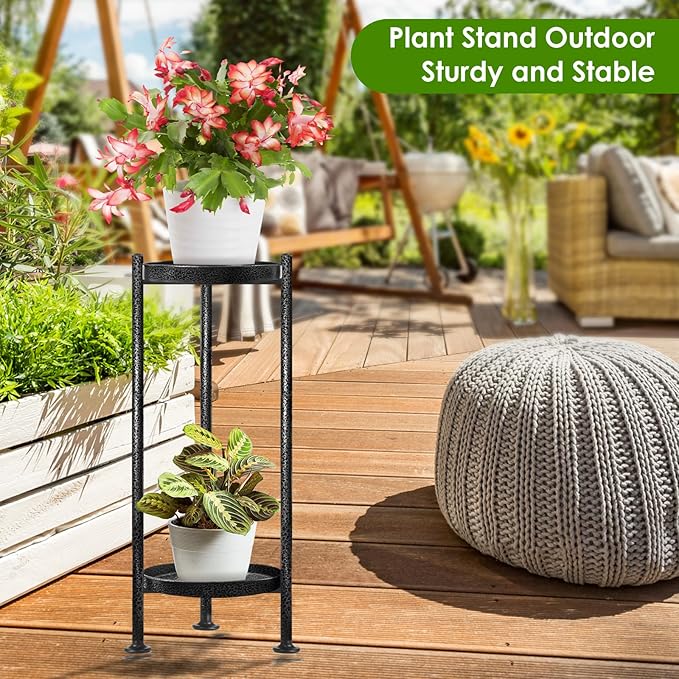 2-Pack Plant Stand Indoor Outdoor, 2 Tier Iron Plant Stand, 30'' Tall Pedestal Stand Outdoor, Metal Flower Stands for Indoor Plants, Balcony, Living Room (silver & gray)