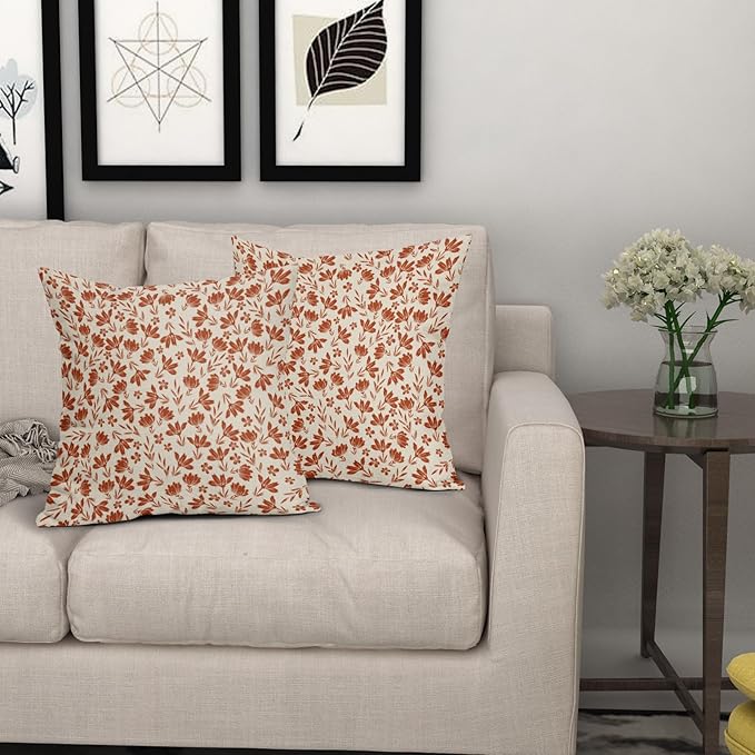 Burnt Orange Floral Pillow Covers 18x18 Set of 2 Vintage Rustic Old Style Cute Flower Orange Cream Print Decorative Outdoor Pillowcases Fall Farmhouse Throw Cushion Case Decor for Couch Sofa Bed