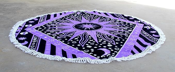 Round Beach Tapestry Turquoise Mandala Throw/Boho Hippie Beach Blanket Roundie/Indian Cotton Bohemian Large Round Table Cloth-Home Decor/Yoga Mat Meditation Picnic Rug (70", Purple)
