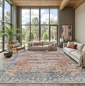 9x12 Area Rugs for Living Room Bedroom, Large Washable Rug, Coral Vintage Retro Boho Rug, Non Slip & Low Pile Faux Wool Thin Carpet for Indoor Dining Room, Kids Room(Coral Blue 9x12ft)