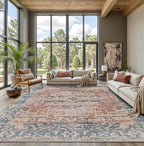 9x12 Area Rugs for Living Room Bedroom, Large Washable Rug, Coral Vintage Retro Boho Rug, Non Slip & Low Pile Faux Wool Thin Carpet for Indoor Dining Room, Kids Room(Coral Blue 9x12ft)
