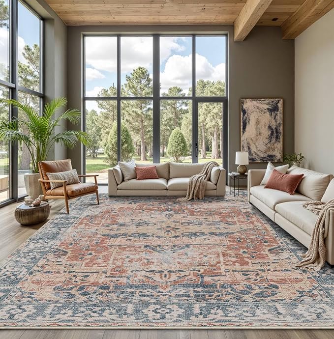 9x12 Area Rugs for Living Room Bedroom, Large Washable Rug, Coral Vintage Retro Boho Rug, Non Slip & Low Pile Faux Wool Thin Carpet for Indoor Dining Room, Kids Room(Coral Blue 9x12ft)