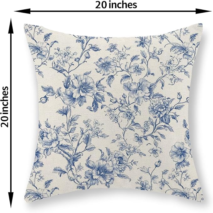 Blue Pillow Covers 20x20 Set of 2 Blue and Cream Floral Chinoiserie Throw Pillows Vintage Rustic Toile Flower Decorative Pillow Cases Outdoor Chinoiserie Decor Cushion Case for Couch Bed Sofa