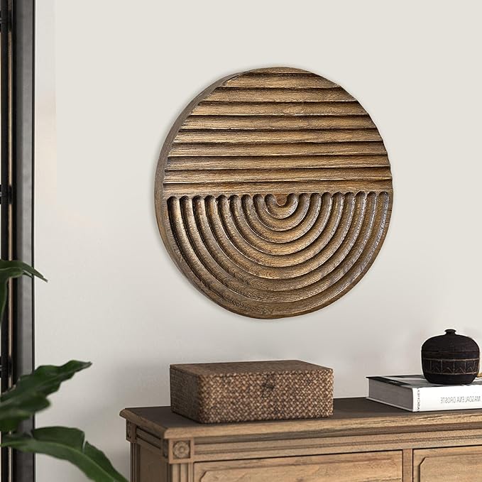 Musanpou Hand-carved Wood Wall Decor featuring Artistic Round Design for Farmhouse and Country-style Interiors | Wall Art Decoration | 11.8 inches x 11.8 inches (brown)