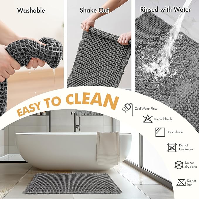 MIULEE Set of 2 Waffle Bathroom Rugs, Boho Bath Rugs Non Slip Washable, Super Absorbent Bath Mats, Ultra Soft Rubber Backed Shower Mats for Bathroom Floor, Tub and Shower, Dark Grey, 17x24 Inch
