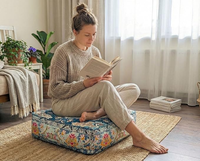 Blue Square Floor Pillow Cover Large Yoga Décor Cushion Moroccan Pouf Ottoman Boho Furniture Perfect for Living Room, Bedroom, Nursary or Children Room Seating Area Beanbag Footstool 24x8 Unstuffed