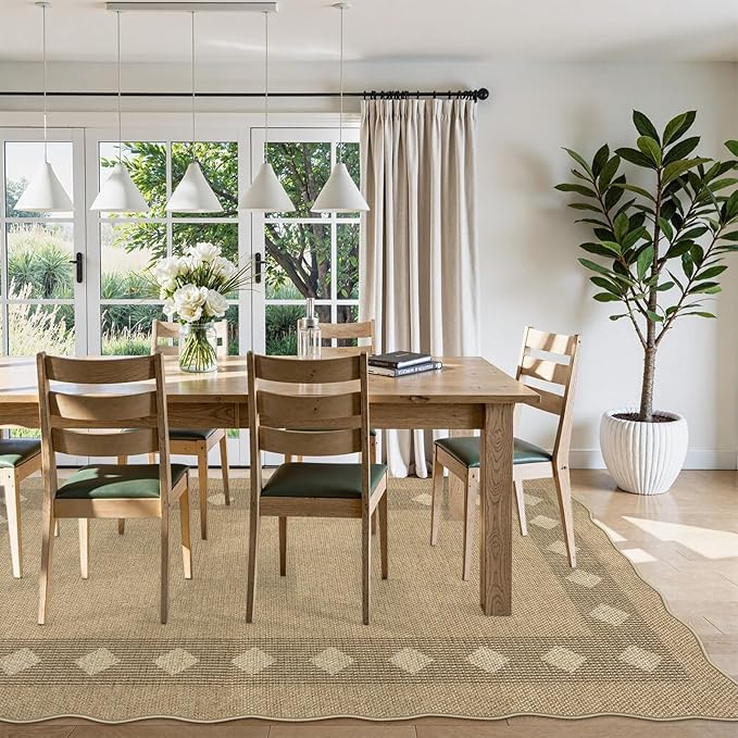 LIVEBOX Easy Jute Diamond Rug for Living Room, Scalloped Washable 5x7 Tan Rug for Bedroom, Geometric Checkered Non-Slip Indoor Outdoor Rug Dining Room Modern Carpet Area Rug for Patio Home Office Mat