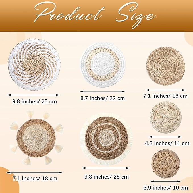 Beeveer 7 Pcs Boho Wall Baskets Decor Hanging Rustic Rattan Wicker Wall Basket for Farmhouse Living Rooms Bedrooms Kitchen Decorations(Classic Style)