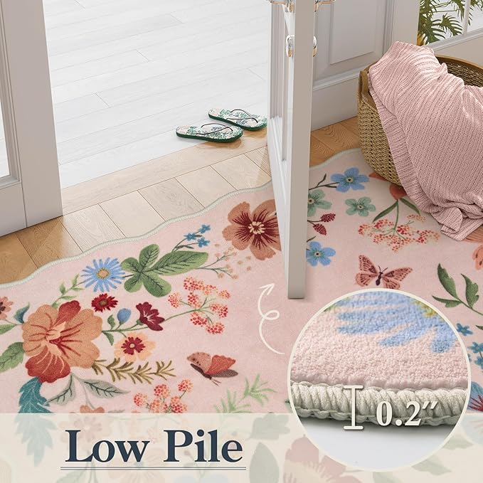 Lahome Floral Kitchen Runner, 2X6 Washable Runner Rug Non-Slip, Ultra-Thin Soft Hallway Rug Stain Resistant Boho Carpet for ‎Bedroom Laundry Bathroom Flore, Light Pink