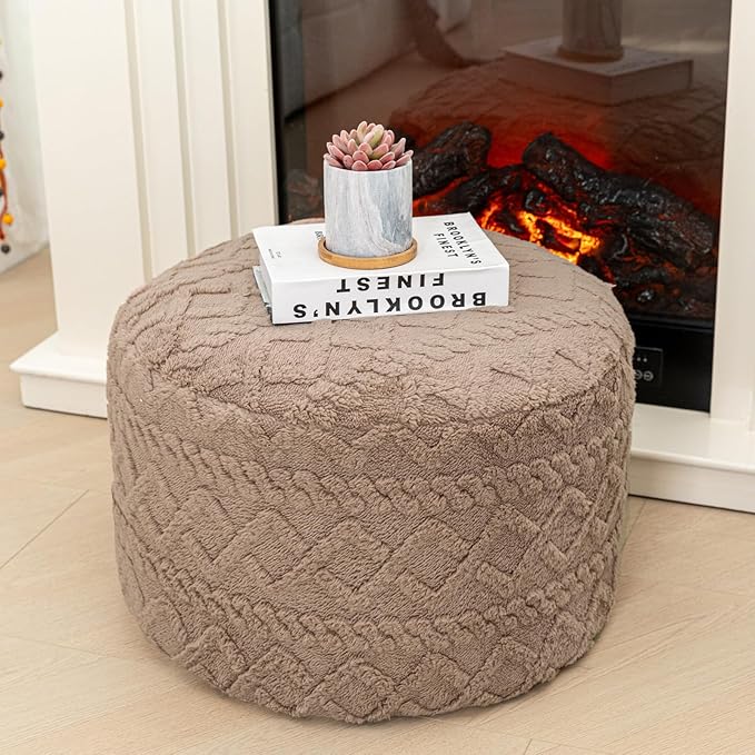 Round Ottoman Stuffed 20x12 Inches Floor Pouf Chair for Living Room Bedroom Modern Foam Pouf Ottoman Foot Rest for Couch Home Décor Pouffe (Light Coffee Pouf with Filler)