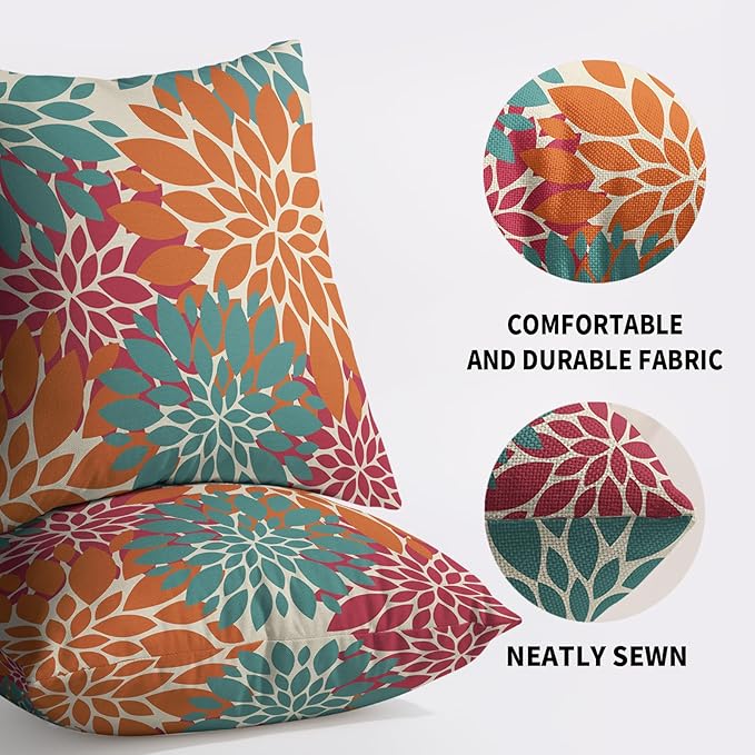 Blue Orange Burgundy Red Pillow Covers 24X24 Inch Set of 2, Modern Dahlia Floral Print Decorative Throw Pillow Covers Outdoor Farmhouse Cushion Case for Home Couch Sofa Bed Decoration