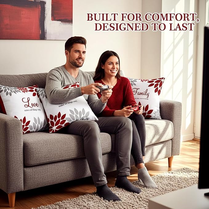 Tatuo 4 Pcs Flower Pillow Covers Square Spring Pillow Cushion Cases 18 x 18 Inch Family Faith Hope Love Words Decorative Summer Winter Cushion Case for Bed Couch Sofa Living Room(Red Series)