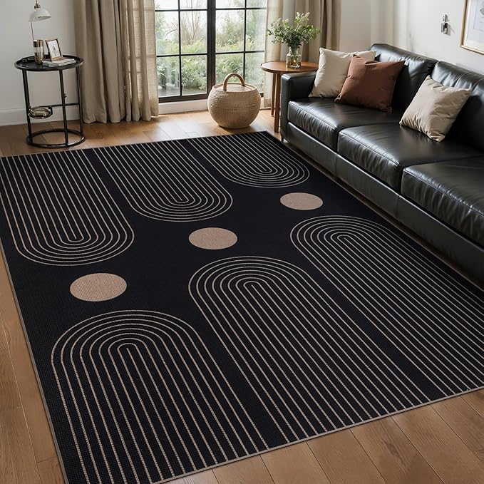 Tangsoo Modern Easy Jute Rug 5x7 Large Washable Area Rugs for Dining Room Table,Black Non-Slip Thin Indoor Outdoor Rug,Farmhouse Natural Throw Mat for Living Room Office Backyard Patio