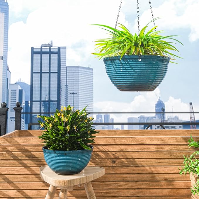 2 Pack Hanging Planters for Indoor Outdoor Plants, 10 Inch Hanging Planter with Drainage Hole & Plug Glazed Hanging Baskets Flower Pots for Garden Home (Blue)