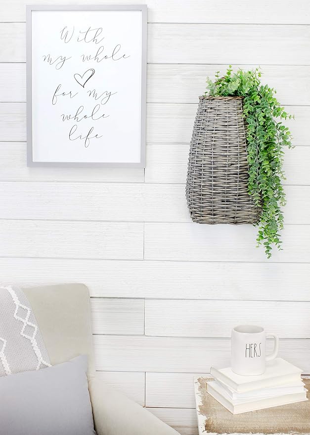 AuldHome Design Wall Hanging Pocket Basket; Woven Wicker Rustic Farmhouse Gray Washed Long Basket; 17 x 9 x 5 Inches