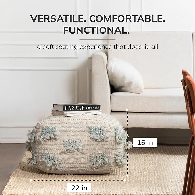 Anji Mountain Pouf Ottoman Foot Rest, Handmade Ottoman Pouf, Comfortable Foot Stool, Decorative Floor Seating for Living Room Decor, Bedroom & Home Décor Accent - French 75 Green