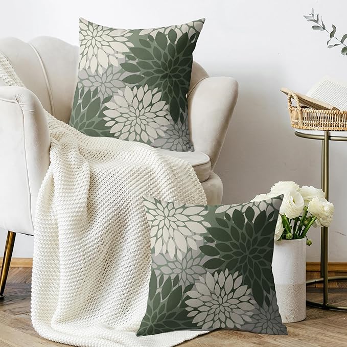 Sage Green Cream Grey Gray Pillow Covers 24X24 Inch Set of 2, Modern Dahlia Floral Print Decorative Throw Pillow Covers Outdoor Farmhouse Cushion Case for Home Couch Sofa Bed Decoration