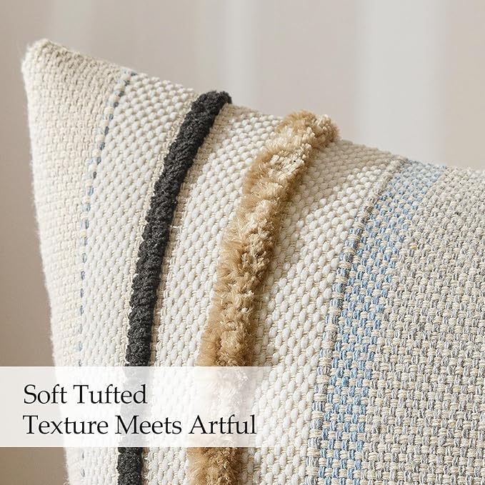 ANRODUO Pack of 2 Boho Decorative Throw Pillow Covers 20x20 Farmhouse Cushion Case Striped Chenille Pillow Cases Square Pillow Covers Accent Neutral Pillowcase for Sofa Couch Bed, Light Blue Stripe