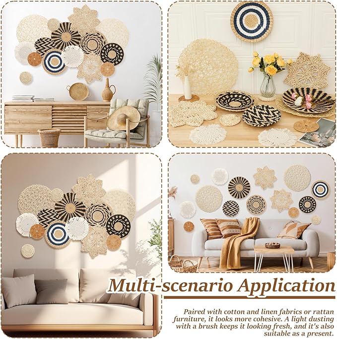 HJJWNDDNG 15 Pack Boho Wall Basket Decor Set, Hanging Woven Seagrass Rattan Wicker Boho Wall Decor, Round Farmhouse Wall Hanging Baskets Rustic Flat Wall Art for Living Room Bedroom Kitchen (Style 7)