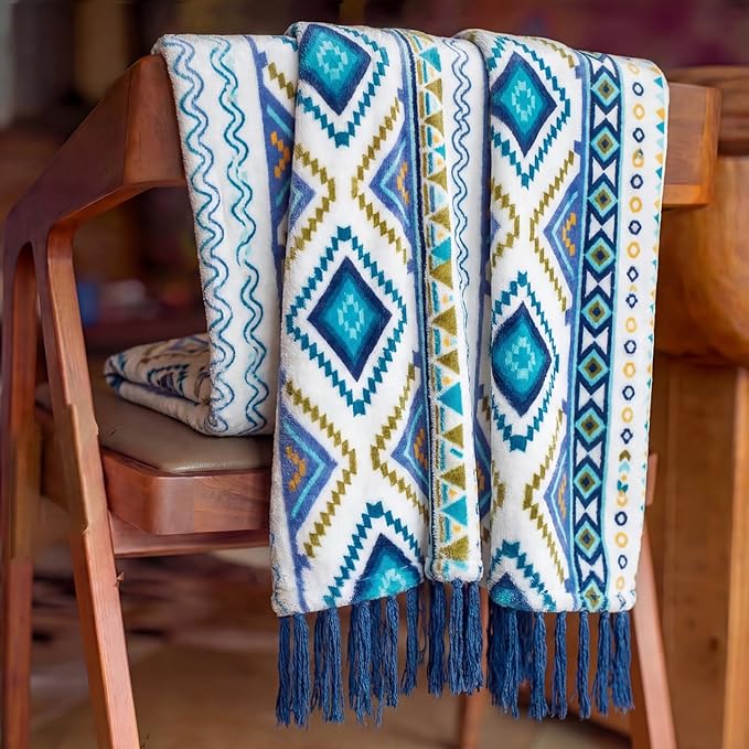 CASAAGUSTO Boho Throw Blanket - Blue and White Decorative Blankets with Tassel, Printed Flannel Bohemian Blanket for Chair, Bed, Sofa, Couch(50 * 60, Blue and White)