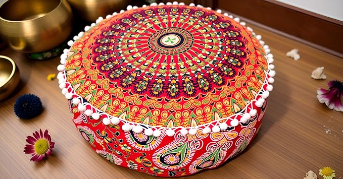 INDIAN CRAFT CASTLE ICC Mandala Barmeri Large Floor Pillow Cover Cushion Meditation Seating Ottoman Throw Cover Hippie Decorative Zipped Bohemian Pouf Ottoman Cases Red Peacock 18" Round