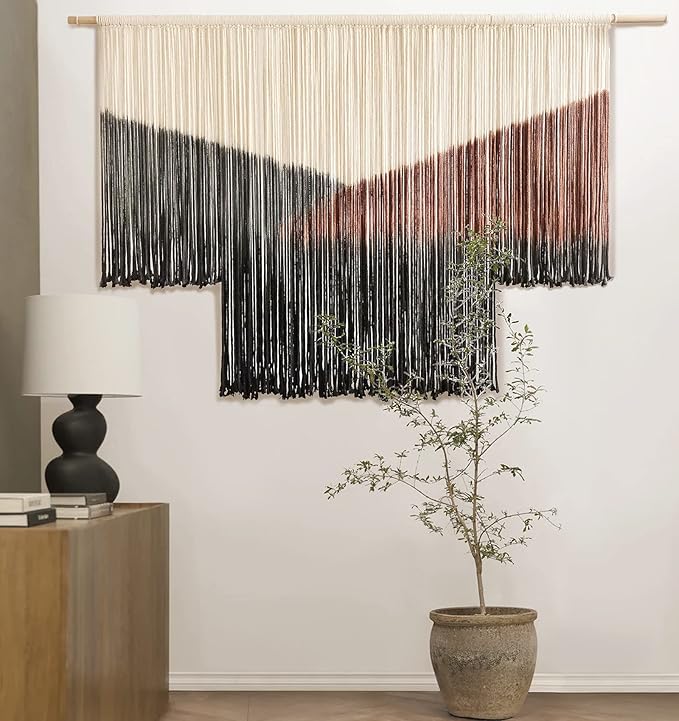 Flber Macrame Wall Hanging Large Black Tie-Dye Geometric Décor Bohemian Yarn Tapestry Home Boho Wall Décor 59" Wx35 L