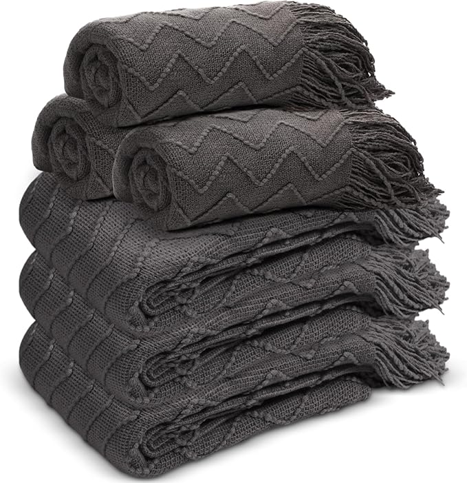 Buryeah 6 Pack Boho Knitted Throw Blankets with Tassels 50x60 Soft Warm Throws Bulk for Wedding Guests Housewarming Employee Teacher Appreciation Gifts Cozy Farmhouse Home Decor (Dark Gray)