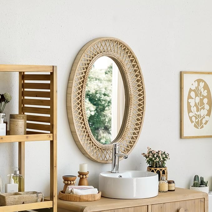 Oval Rattan Wall Mirror – 24x32 Inch Boho Elegance with Woven Frame, Decorative Mirror for Bathroom Vanity Entryway Living Room