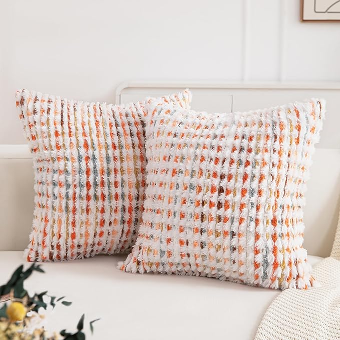 Boho Throw Pillow Covers Set of 2-18x18 Inch Orange Farmhouse Boho Throw Pillows Chenille Fluffy Accent Pillow Cases Neutral Tufted Pillowcase Cushion Covers for Couch Living Room, Bed Sofa