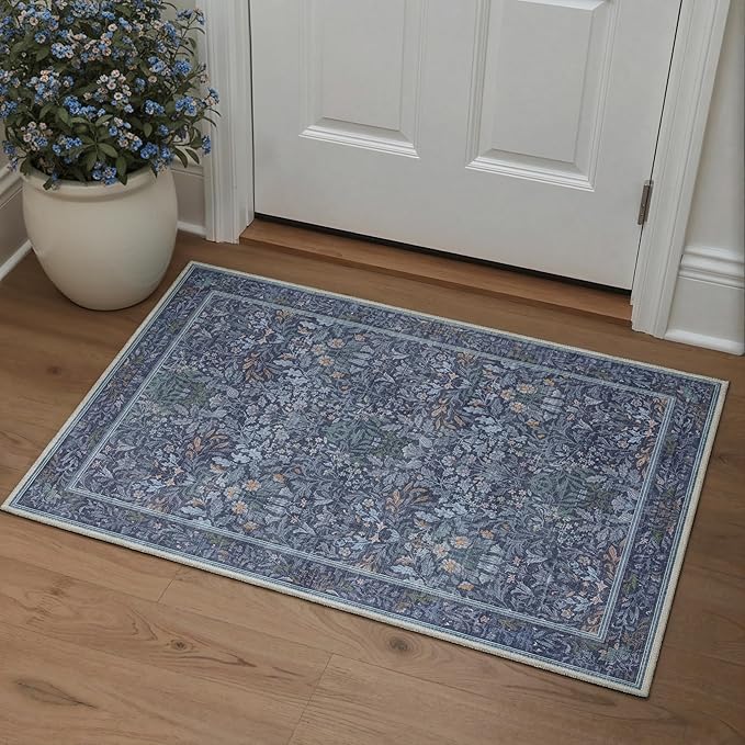 Washable 2x3 Rug, Small Entryway Rug Indoor, Non-Slip Vintage Floral Throw Rug for Front Door, Kitchen, Bathroom, Low Pile Boho Floor Mat, Blue