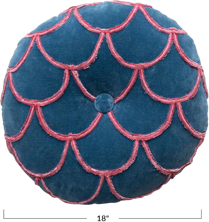 18 Inches Round Cotton Pillow with Tufted Scallop Pattern, Navy Blue and Pink