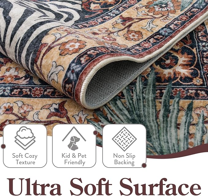 Moynesa Tiger Washable Area Rugs 8x10, Large Boho Rugs for Living Room, Vintage Non Slip Dining Room Rugs for Under Table, Ultra Thin Soft Floor Carpet for Office Bedroom, Puce Red
