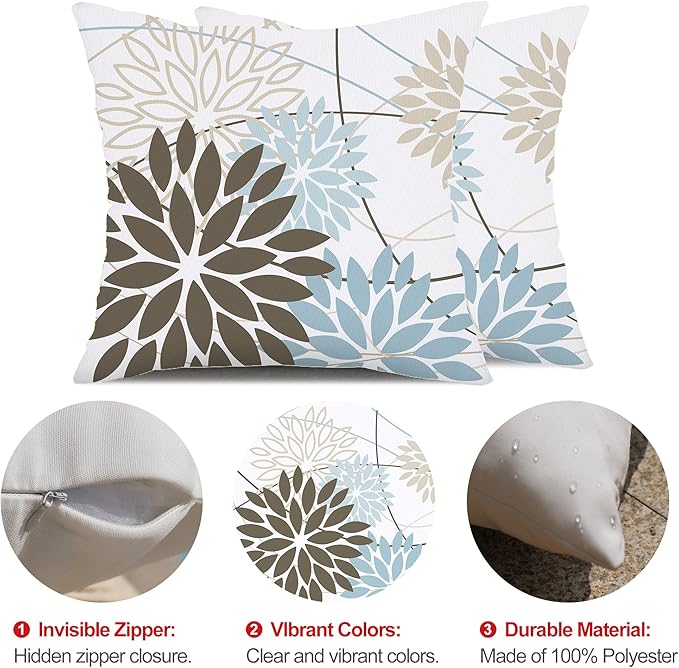 DFXSZ Brown Blue Flower Pillow Covers 18x18 Inch Set of 2 Summer Outdoor Waterproof Decor for Home Patio Funiture Garden Living Room Modern Art Floral Polyester Square Cushion Cover 01F18