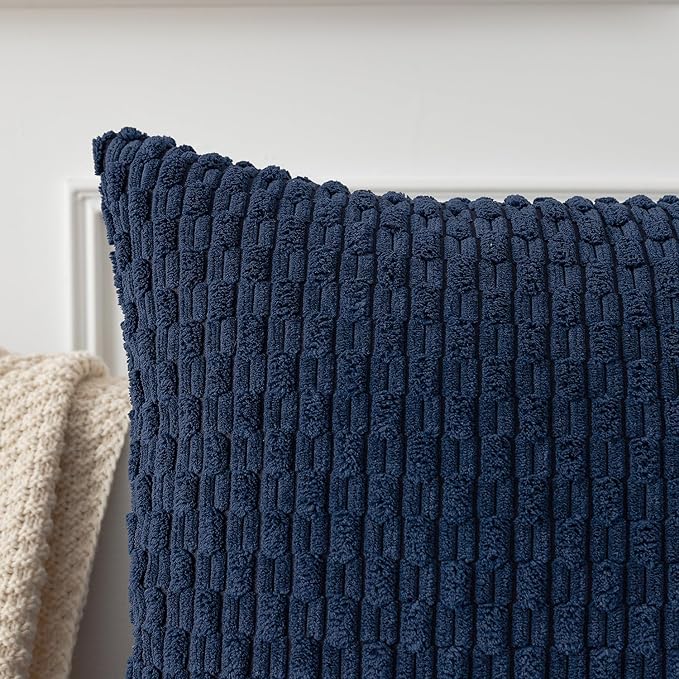 Kevin Textile 12x20 Inch Pillow Cover 1 Pack Boho Decorative Soft Striped Corduroy Lumbar Farmhouse Color Accent Rectangle Cushion Case for Living Room Couch Sofa Bed, Navy Blue