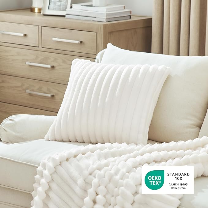 Bedsure Double-Side Striped Decorative Throw Pillow Covers 18x18 Set of 2, Spring White Fluffy Soft Pillow Covers, Home Decor for Couch Sofa Living Room Bedroom