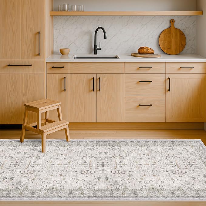 Light Grey 2x6 Boho Bathroom Runner Rug - Modern Vintage Eclectic Floral Pastel Neutral Taupe, Washable Low Pile Non-Slip Runner Rugs for Kitchen, Door Mat Indoor Entrance, Bedroom Laundry Hallway