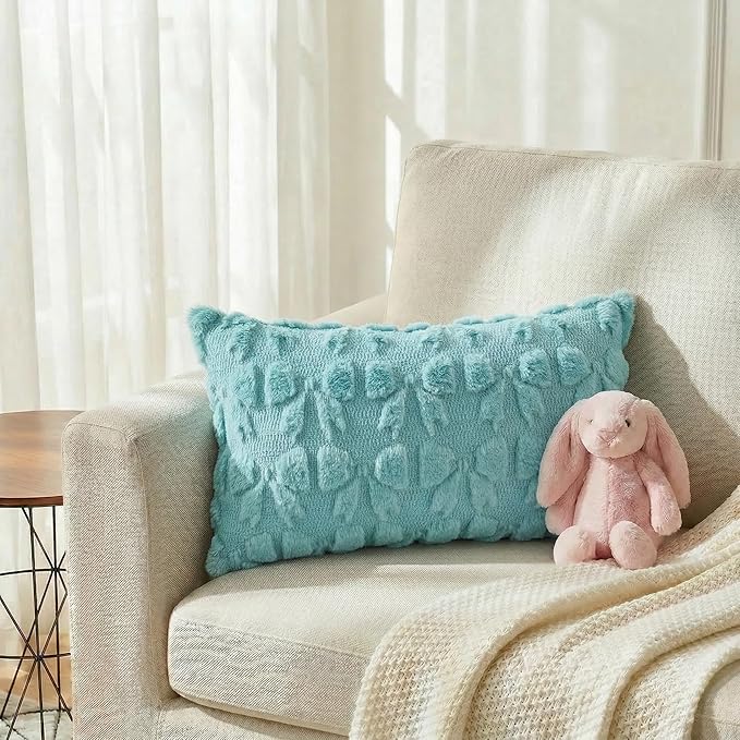 AVOIN colorlife Blue Spring Bow Throw Pillow Covers Set of 2, 12 x 20 Inch Coquette Aesthetic Room Decor Soft Plush Faux Fur Cushion Case for Girls Room