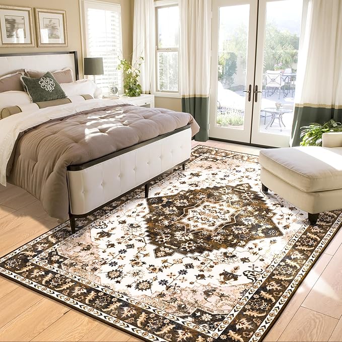 Amearea Vintage Design Area Rugs for Living Room, 8x10 Machine Washable Floral Collection Traditional Bedroom Rug, Low Pile Cute Kids Room Print Carpet, No Slip Office Kitchen Home Decor, Brown