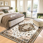 Amearea Vintage Design Area Rugs for Living Room, 8x10 Machine Washable Floral Collection Traditional Bedroom Rug, Low Pile Cute Kids Room Print Carpet, No Slip Office Kitchen Home Decor, Brown