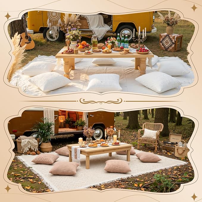 Extra Large Outdoor Boho Picnic Blanket with Table Runner and 6 Throw Pillows Covers for Outdoor Essentials Beach Accessories Basket Set Oversized Manta Yard Outside Mat Wedding Party Decor Sage Green