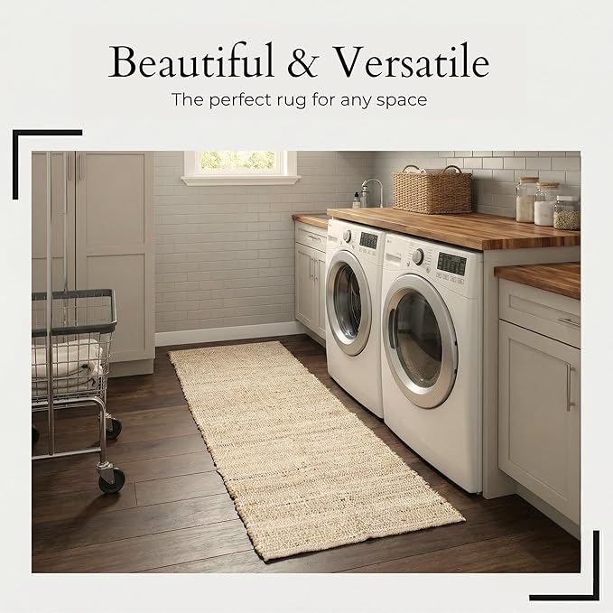 Jute-Cotton Rug 2x6 – Natural Hallway Runner with Non-Slip Backing, Low-Profile Kitchen Rug for Entryway, Boho Decor, or High-Traffic Areas – Eco-Friendly 2x6 Jute Cotton