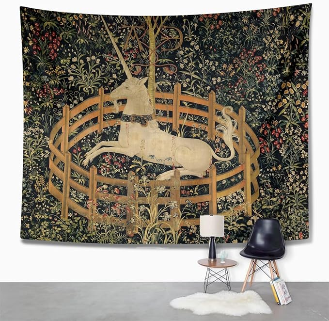 Semtomn Tapestry Artwork Wall Hanging Medieval Vintage Hunting Unicorn Captivity 30x40 Inches Home Decor Tapestries Mattress Tablecloth Curtain Print
