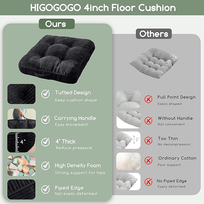 HIGOGOGO Floor Pillow Cushion for Adults, Meditation Cushion Pillow, Large Square Floor Sitting, Tufted Corduroy Cover, for Tatami Living Room or Yoga, 22x22 Inch, Black