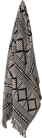 Bloomingville Soft Reclaimed Cotton Blend Throw with Diamond Pattern and Fringe, Black and Beige