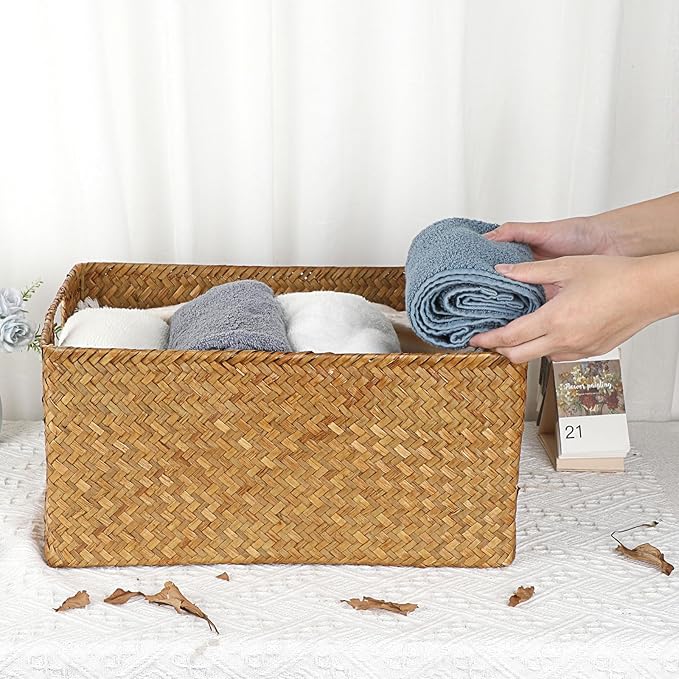 Hipiwe Seagrass Storage Baskets Bin for Shelf,X-Large Handwoven Wicker Baskets Built-in Handles Rectangular Closet Bedroom Organizer Box Multipurpose Pantry Basket,Caramel Color